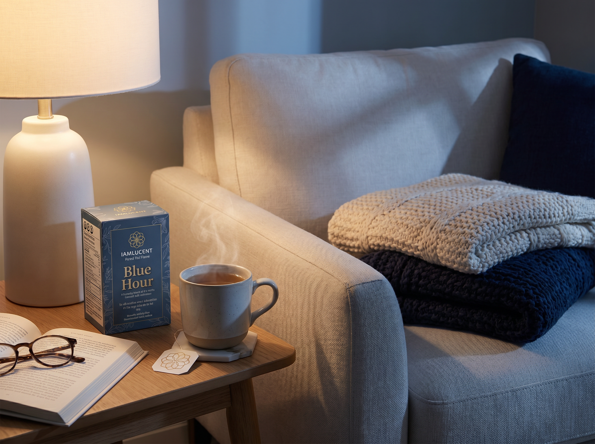 Blue Hour lifestyle scene beside a cozy evening sofa