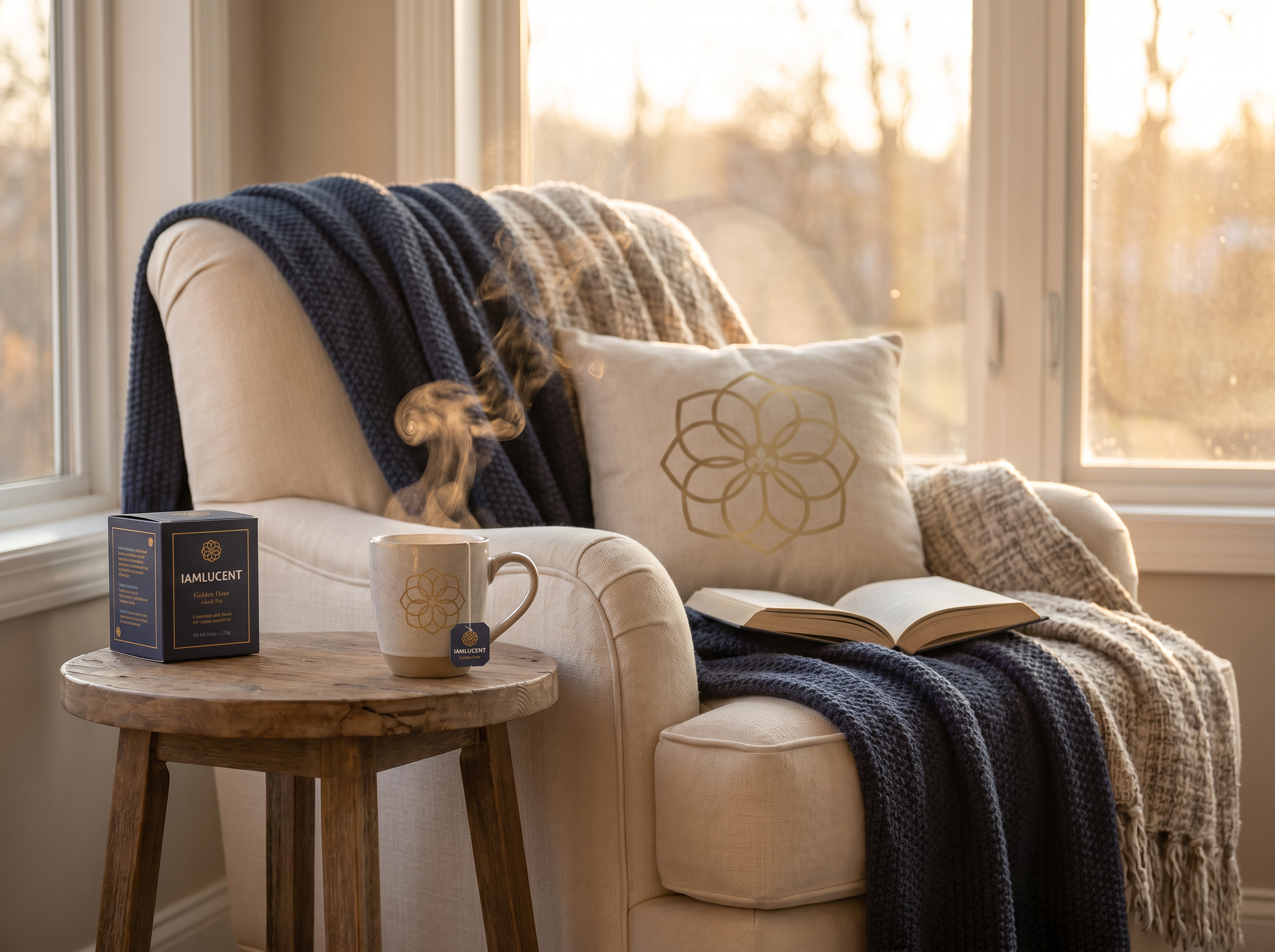 Golden Hour lifestyle scene in a sunlit reading corner